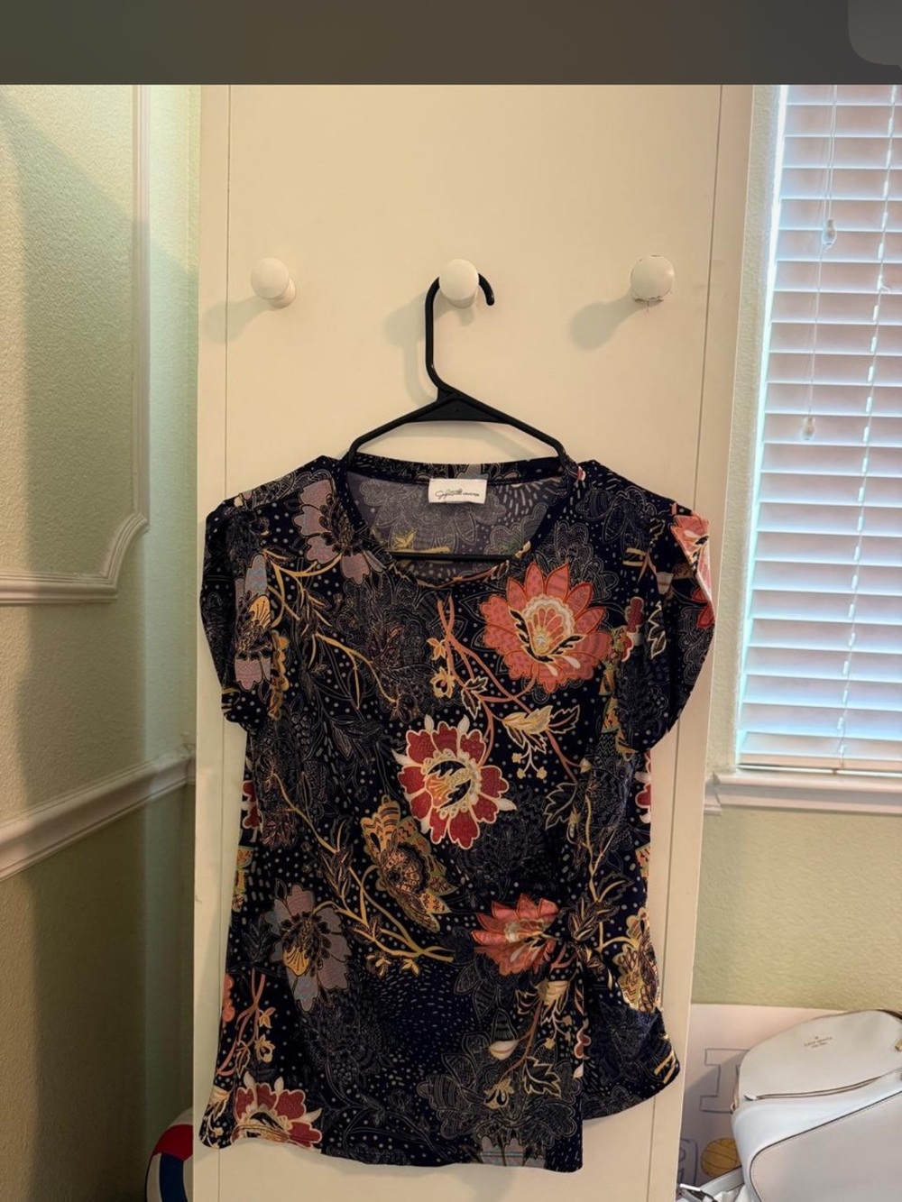 Floral Short-Sleeve Blouse in Black and Coral